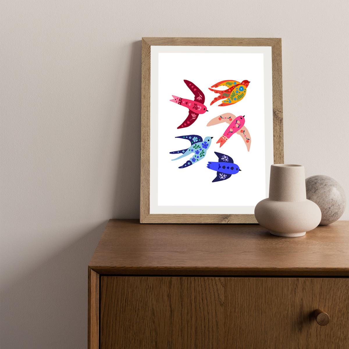 Group Of Colorful Birds Art Print Oak Frame – image 2