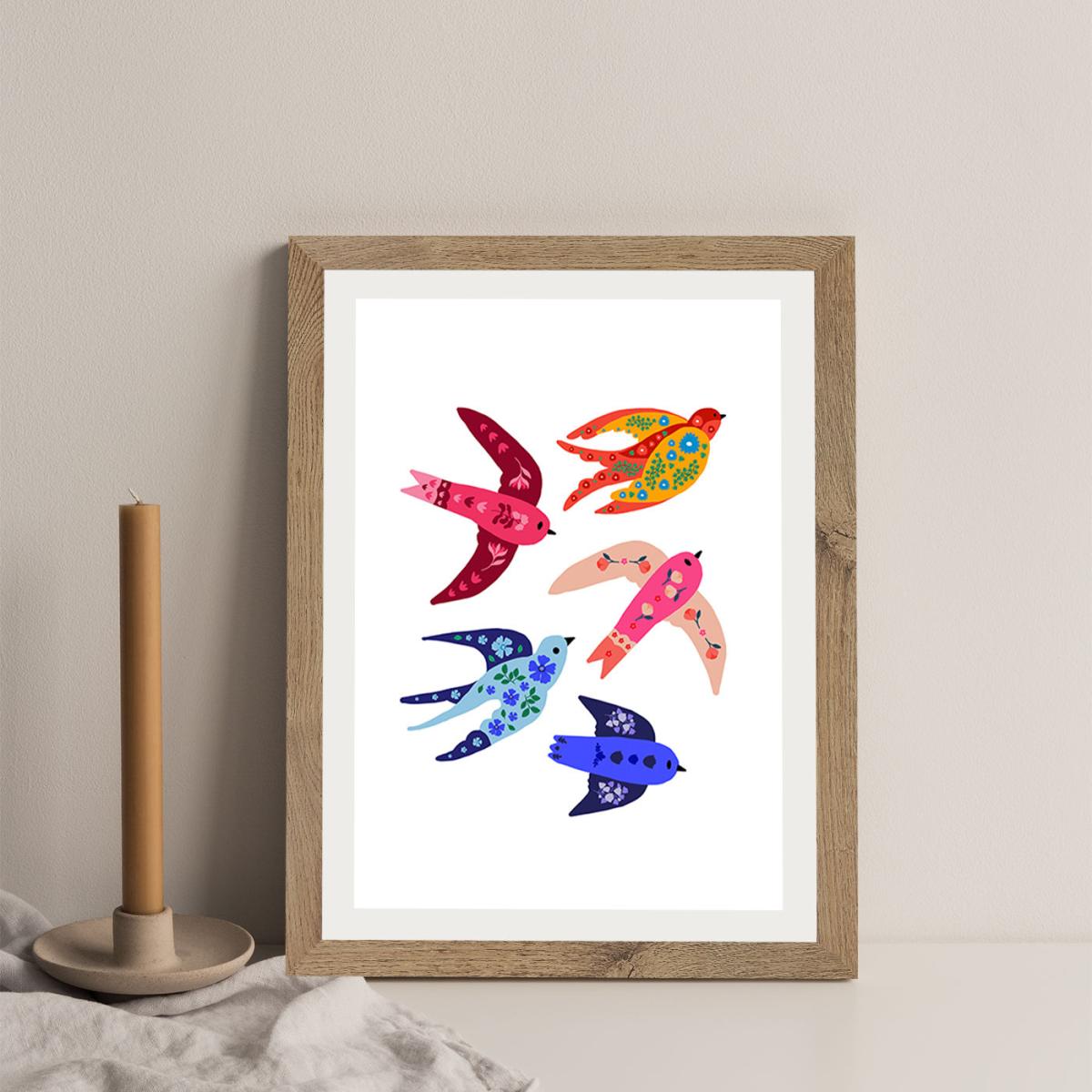 Group Of Colorful Birds Art Print Oak Frame – image 4