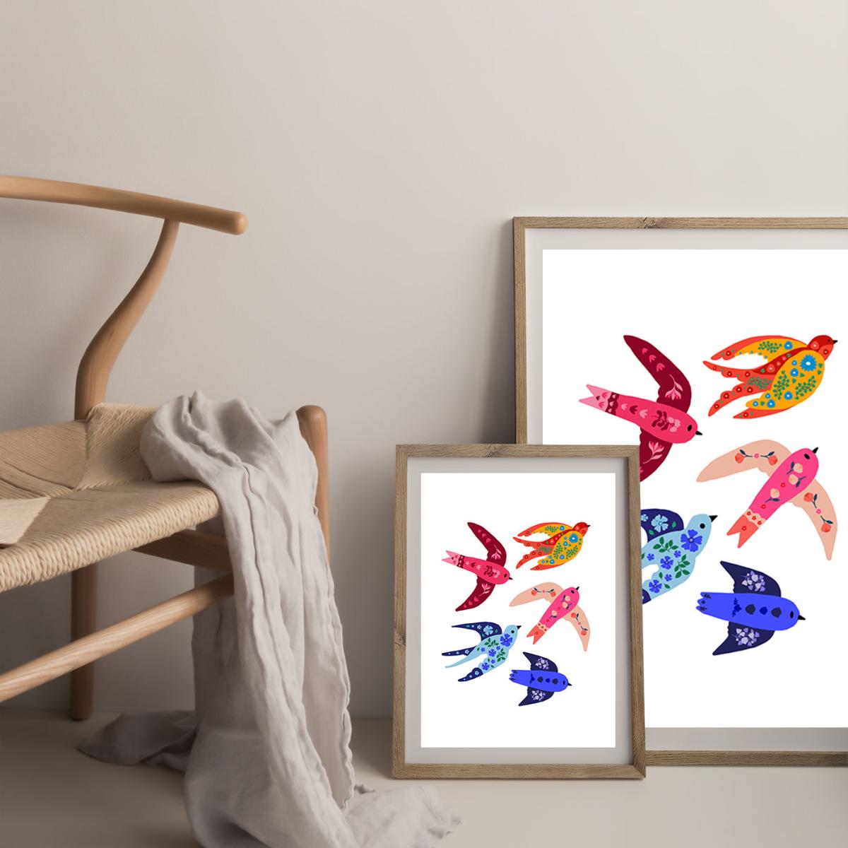 Group Of Colorful Birds Art Print Oak Frame – image 8