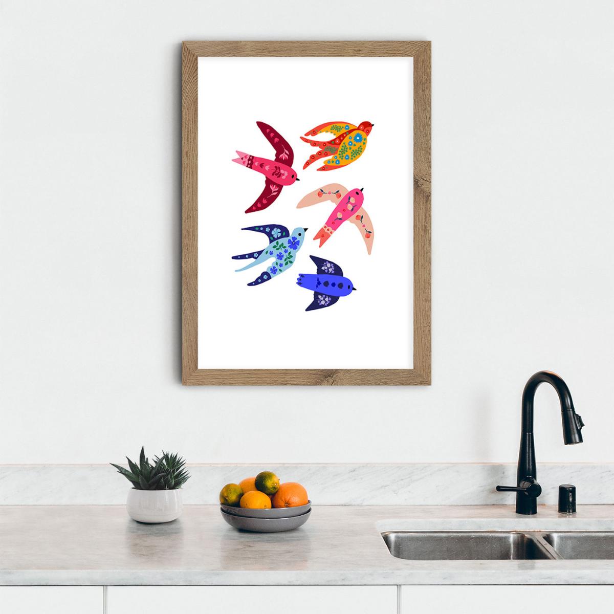 Group Of Colorful Birds Art Print Oak Frame – image 10