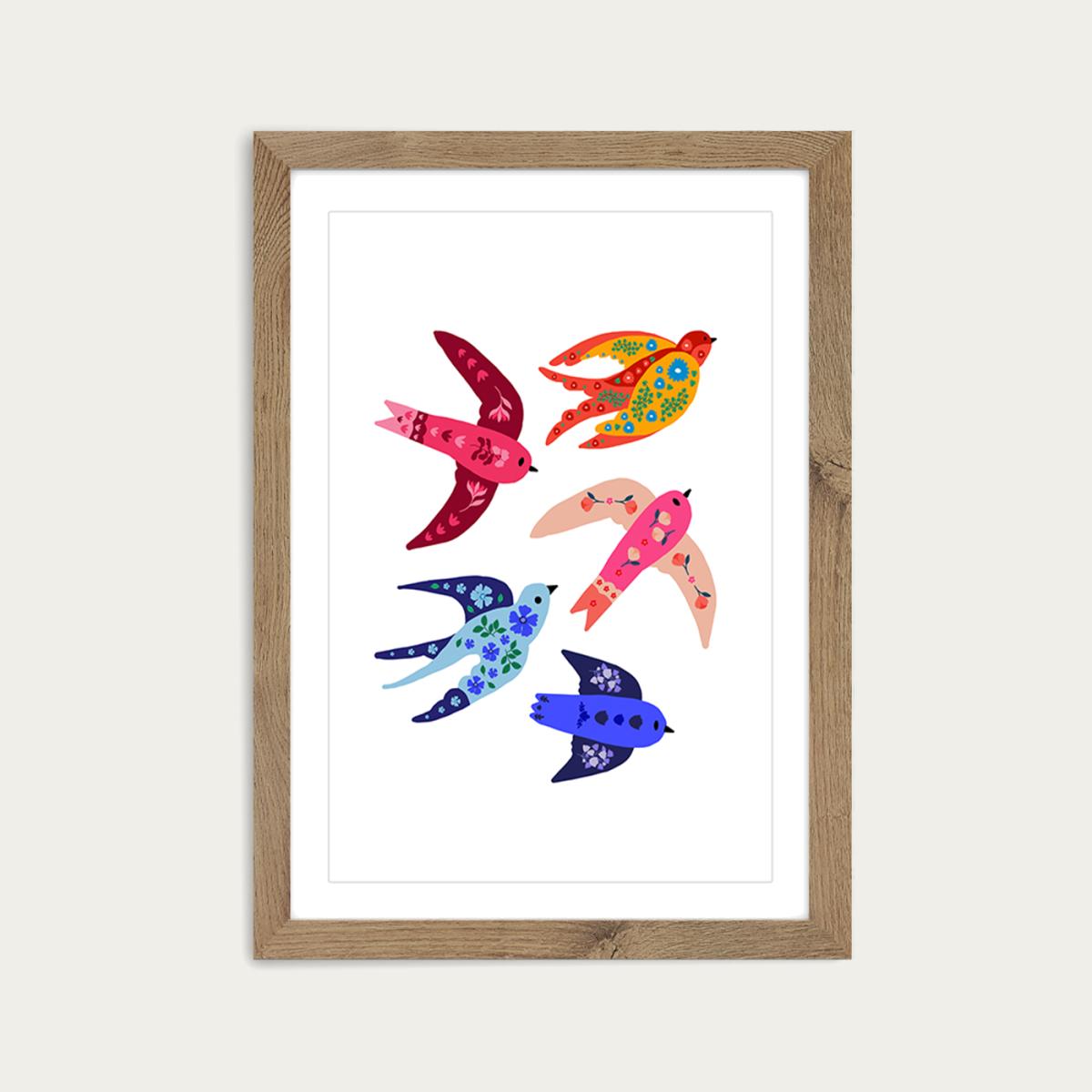 Group Of Colorful Birds Art Print Oak Frame – image 1