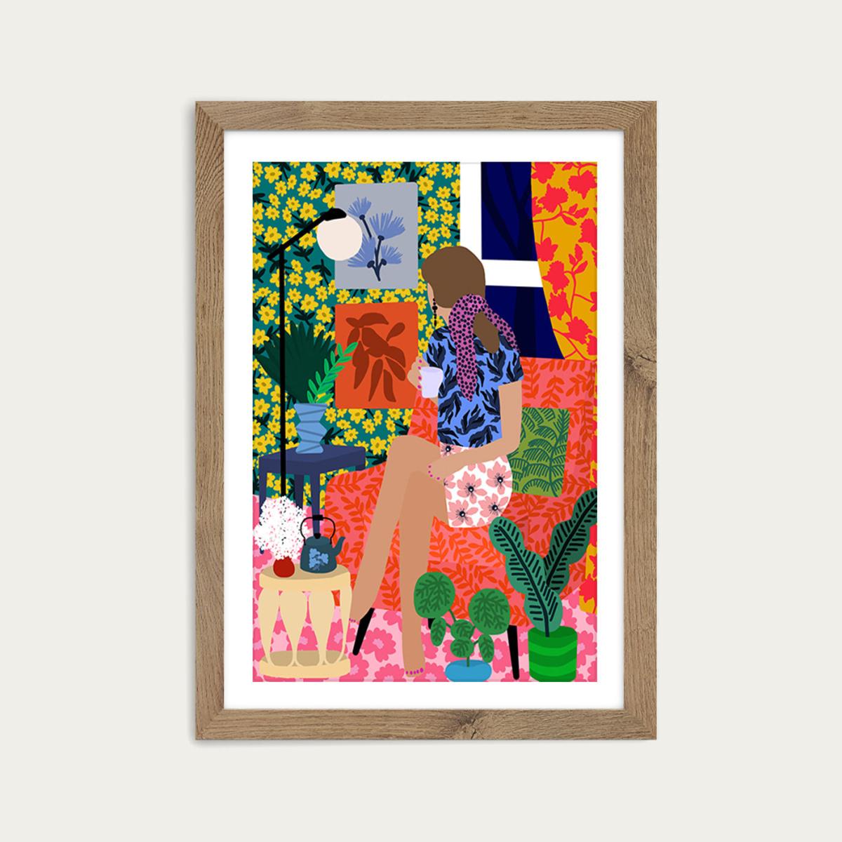 Enjoying Tea Time Art Print Oak Frame – image 2