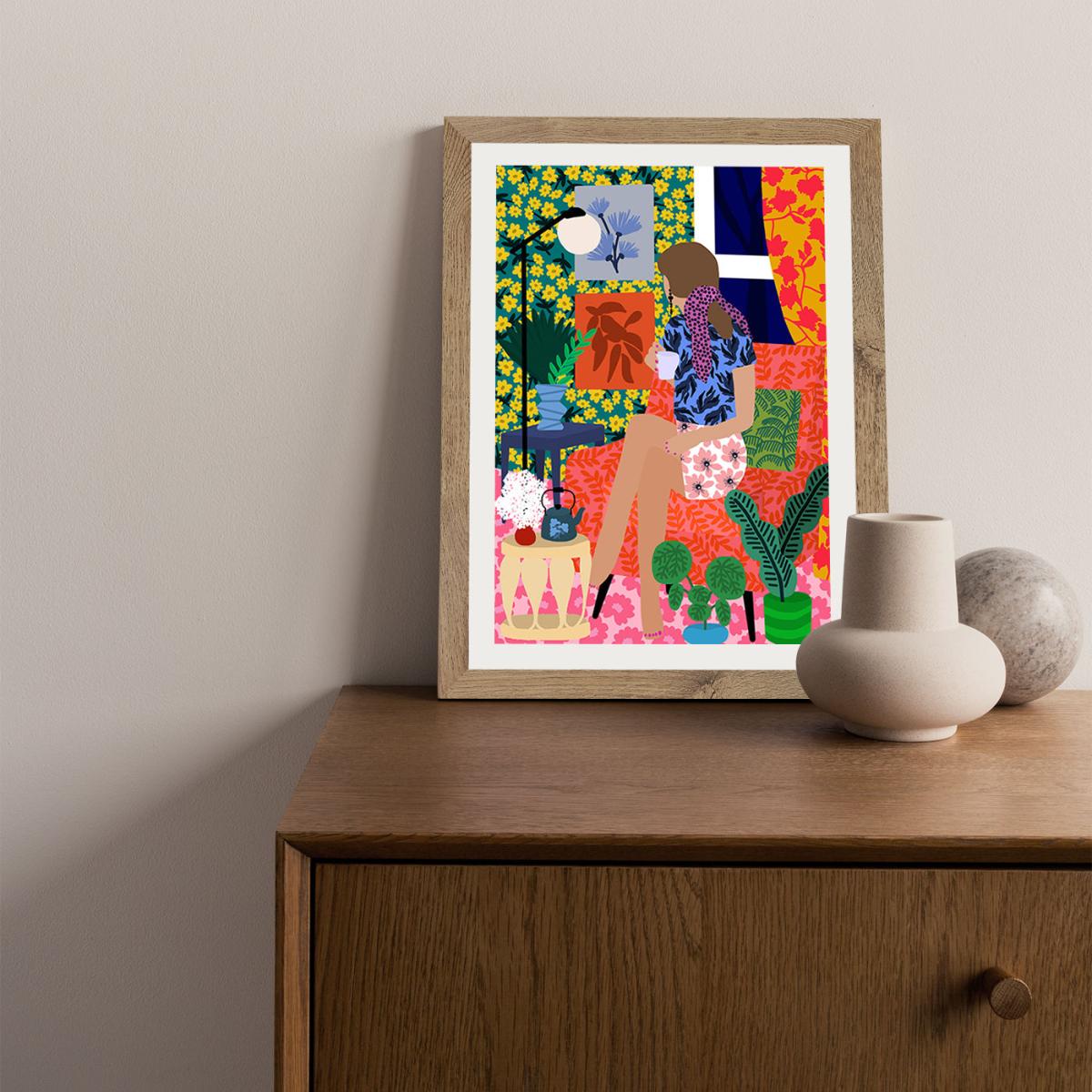 Enjoying Tea Time Art Print Oak Frame – image 3