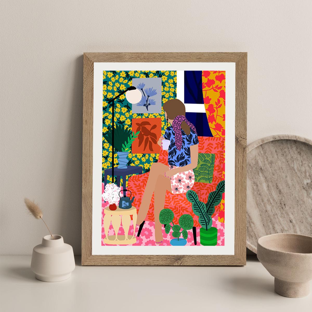 Enjoying Tea Time Art Print Oak Frame – image 9