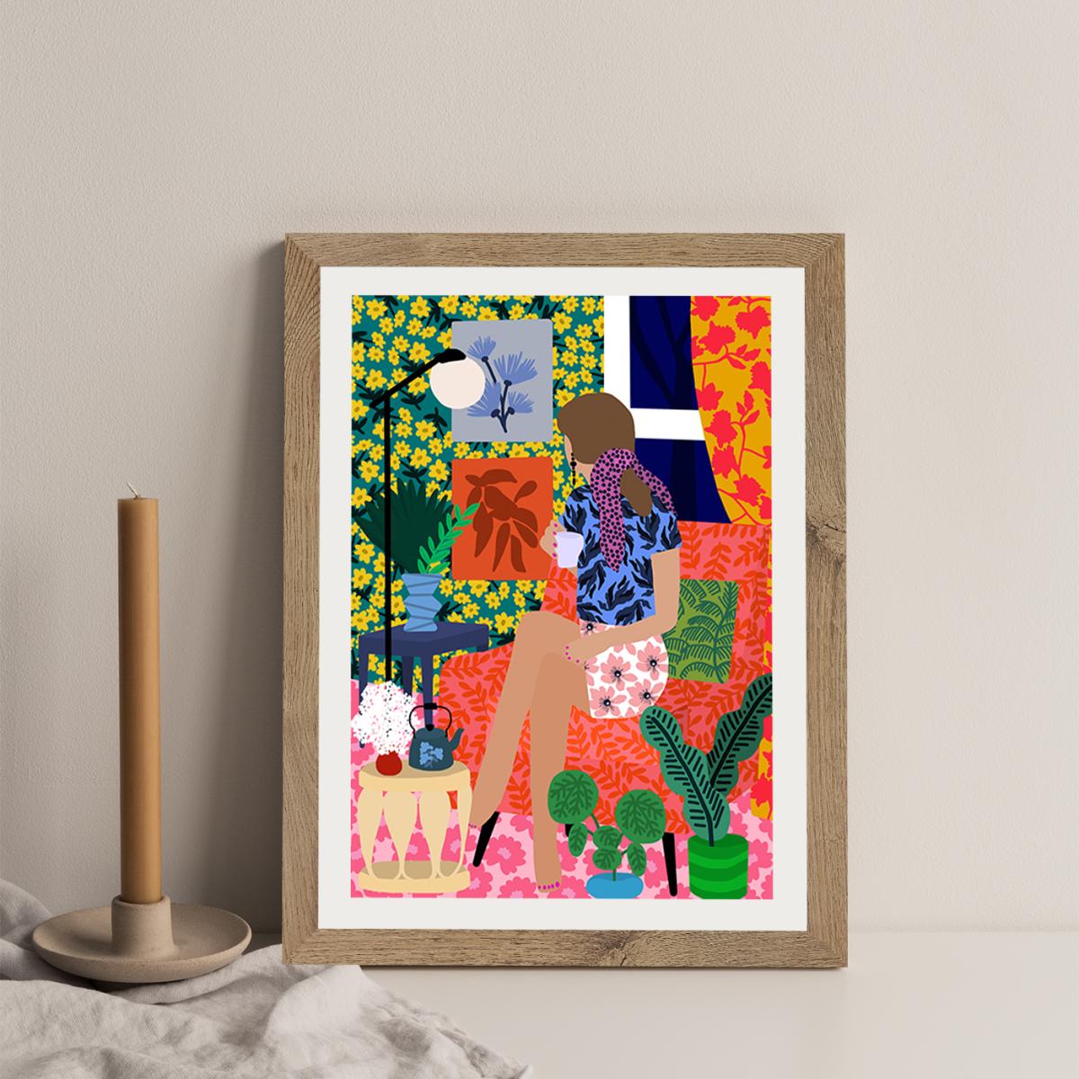 Enjoying Tea Time Art Print Oak Frame – image 1