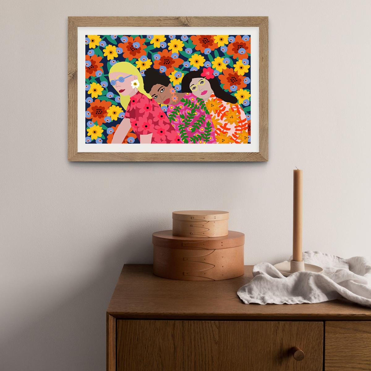 Three Girls Art Print Oak Frame – image 3