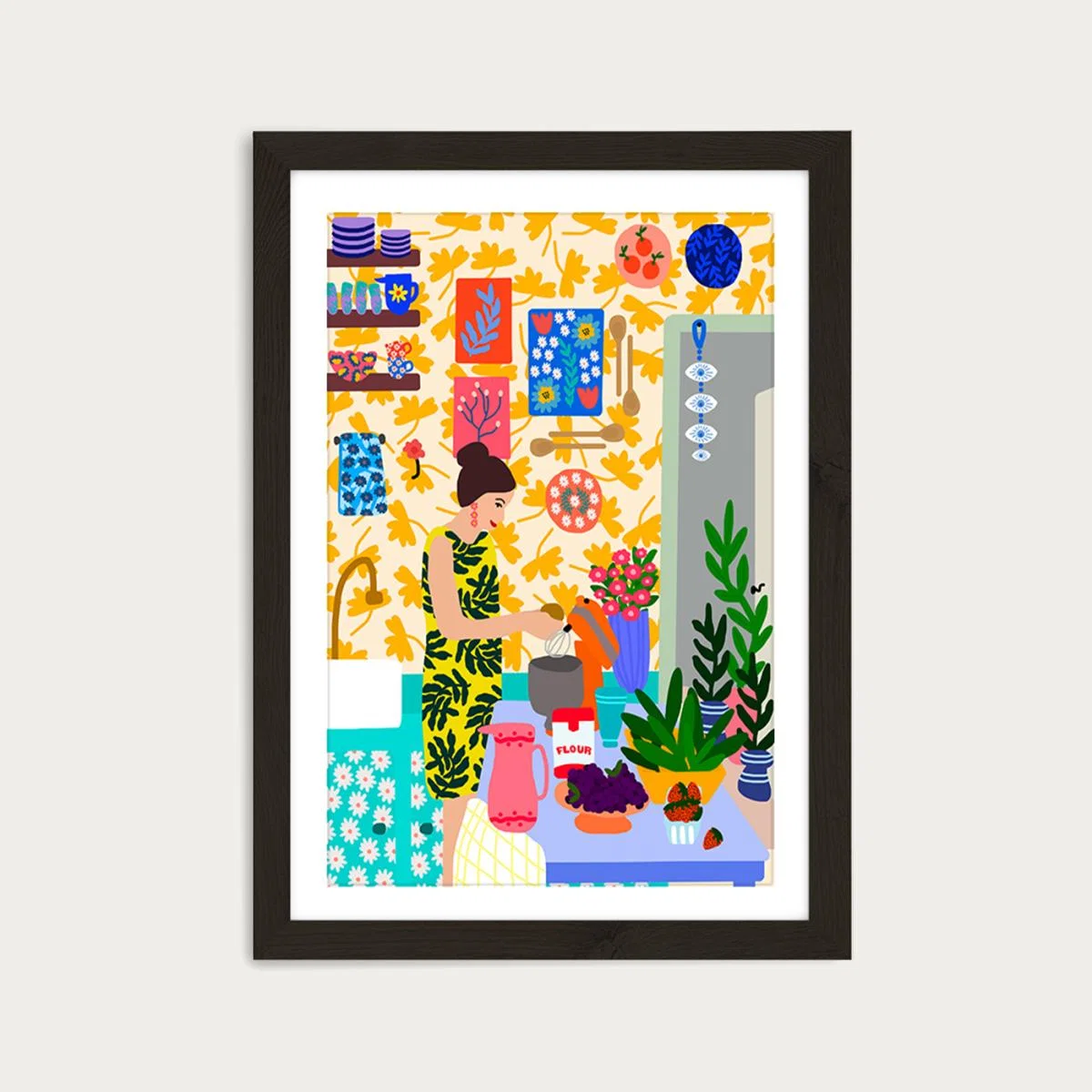 Girl Cooking Lunch Art Print Black Frame – image 1