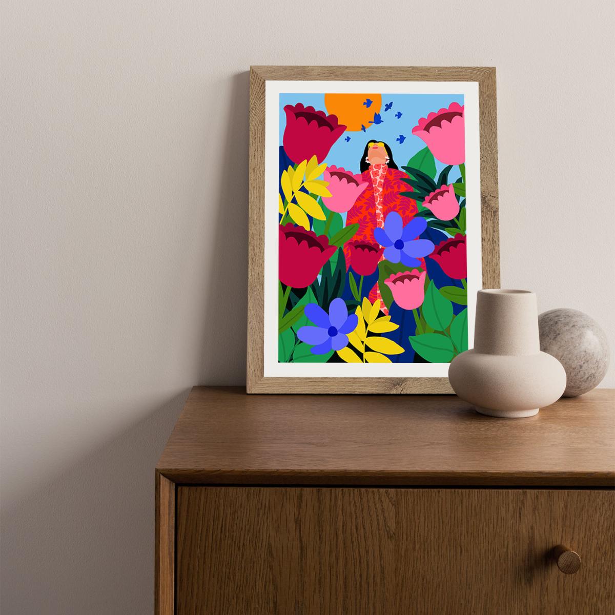 Surrounded By Flowers Art Print Oak Frame – image 2