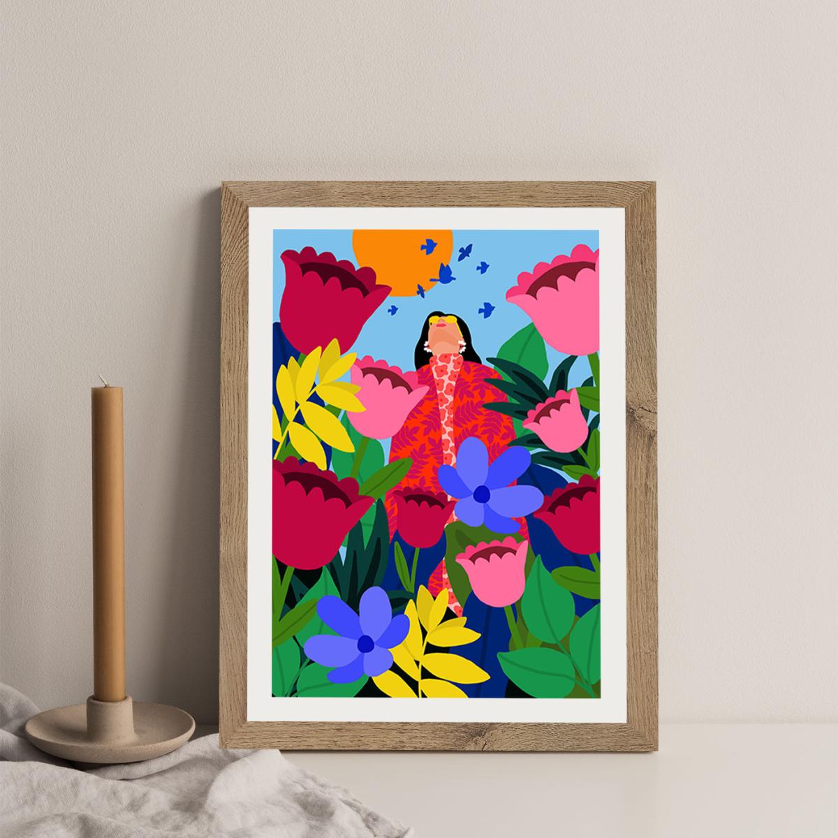Surrounded By Flowers Art Print Oak Frame – image 3
