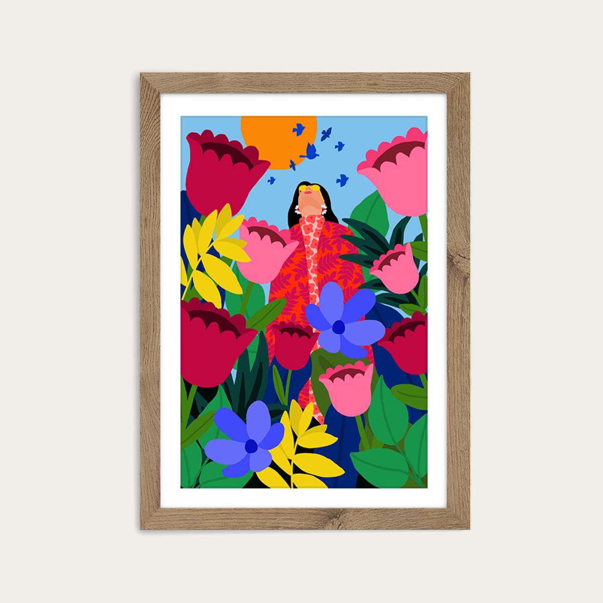 Surrounded By Flowers Art Print Oak Frame – image 1