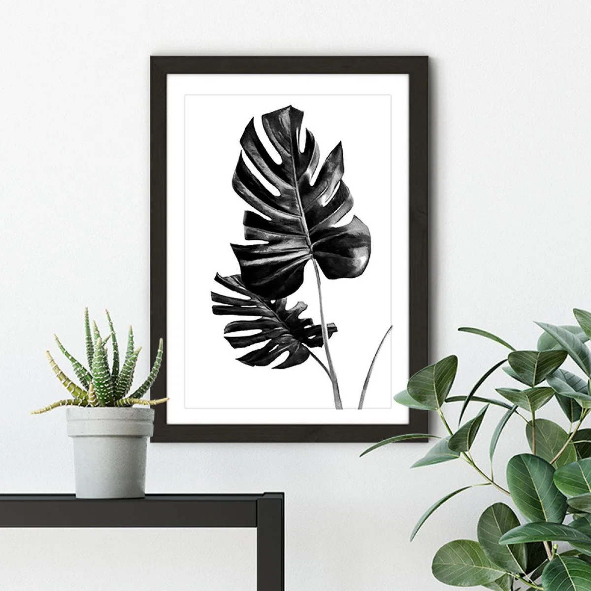 Monstera Black and White 1 Art Print Black Frame – image 5