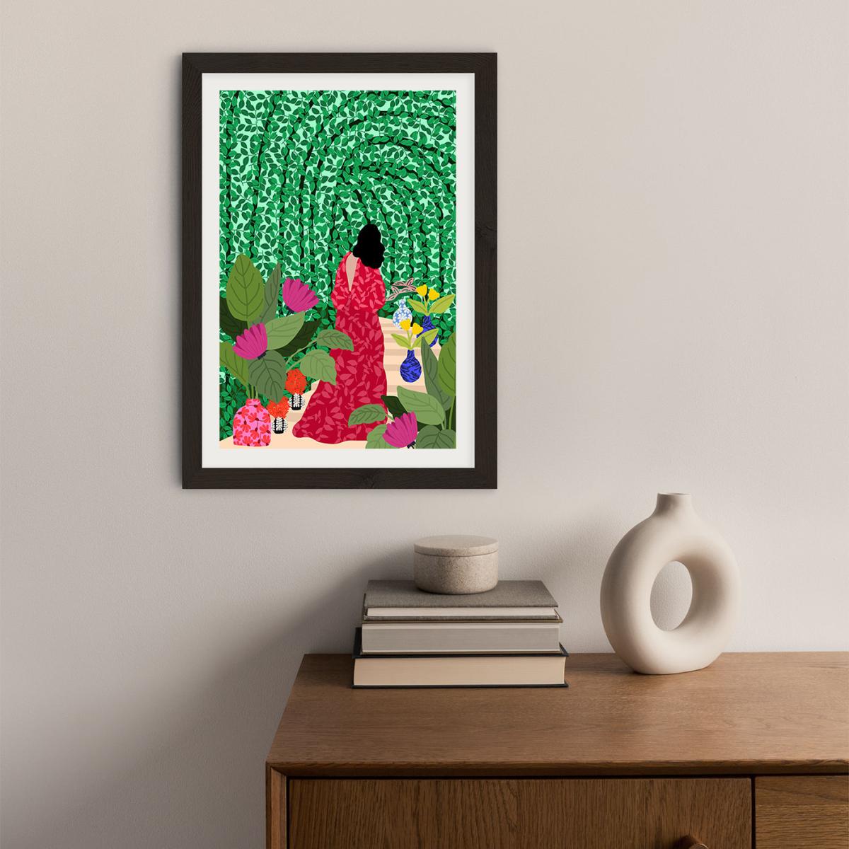 Girl At Her Garden Art Print Black Frame – image 2