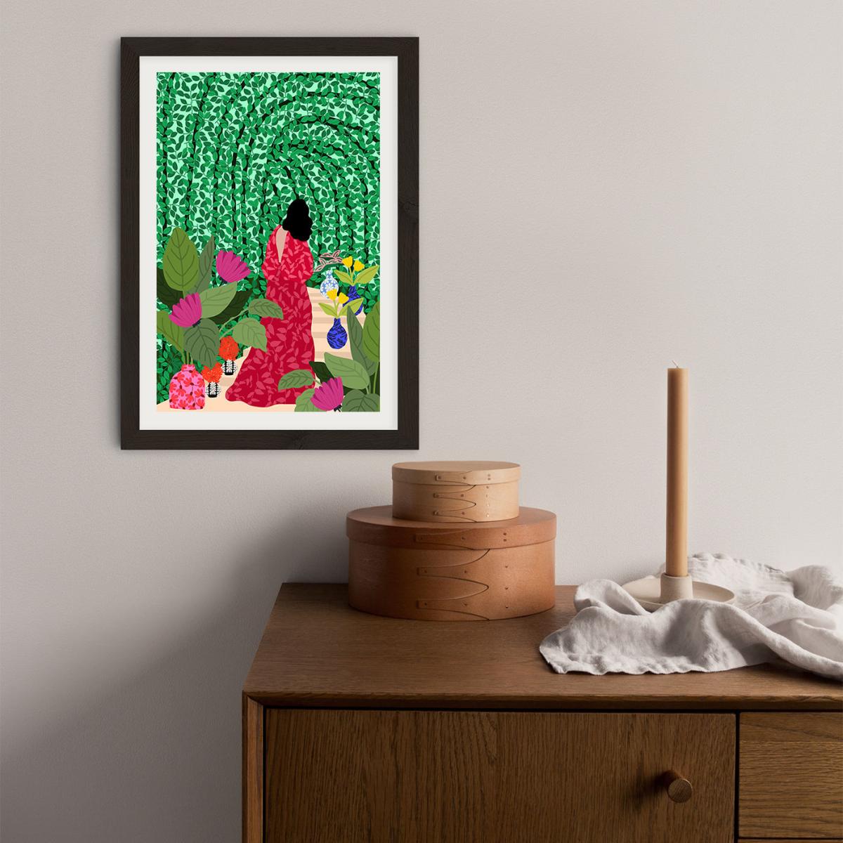 Girl At Her Garden Art Print Black Frame – image 3