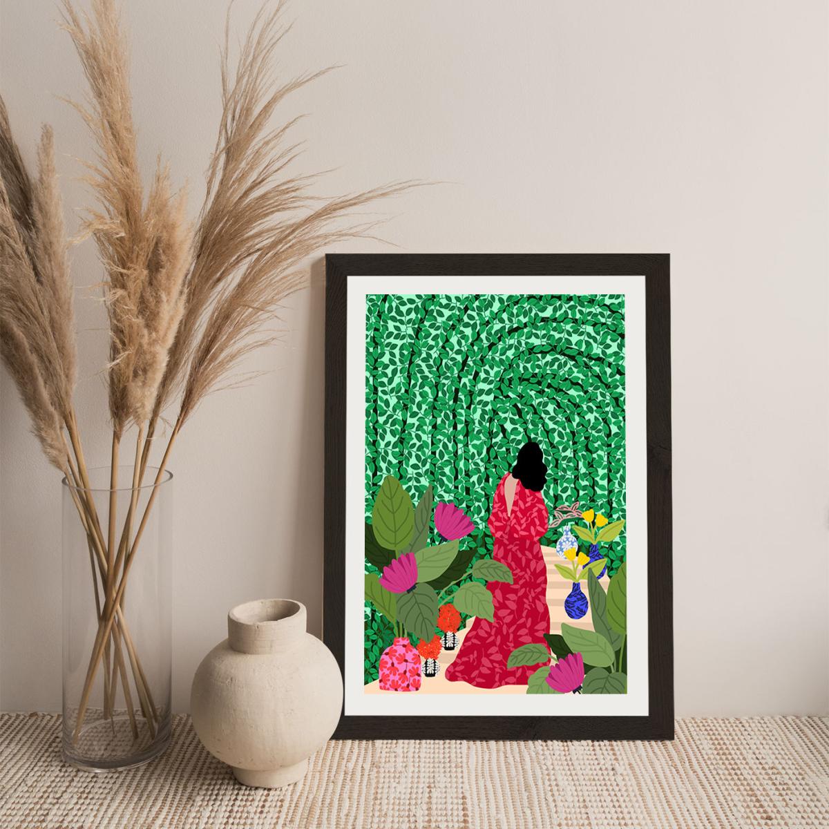 Girl At Her Garden Art Print Black Frame – image 4