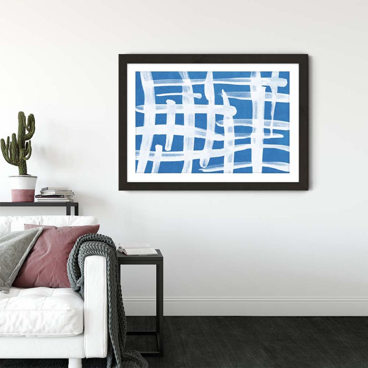 Abstract Lines Blue and White 02 Art Print Black Frame – image 2