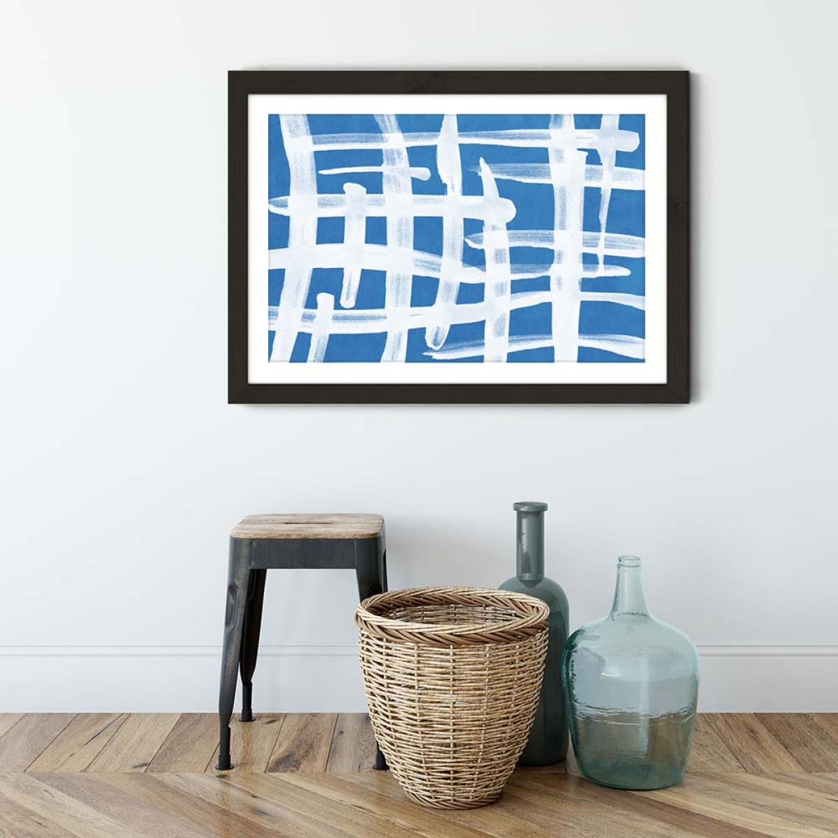 Abstract Lines Blue and White 02 Art Print Black Frame – image 3