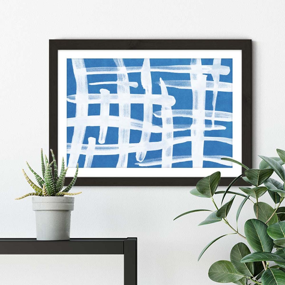 Abstract Lines Blue and White 02 Art Print Black Frame – image 5
