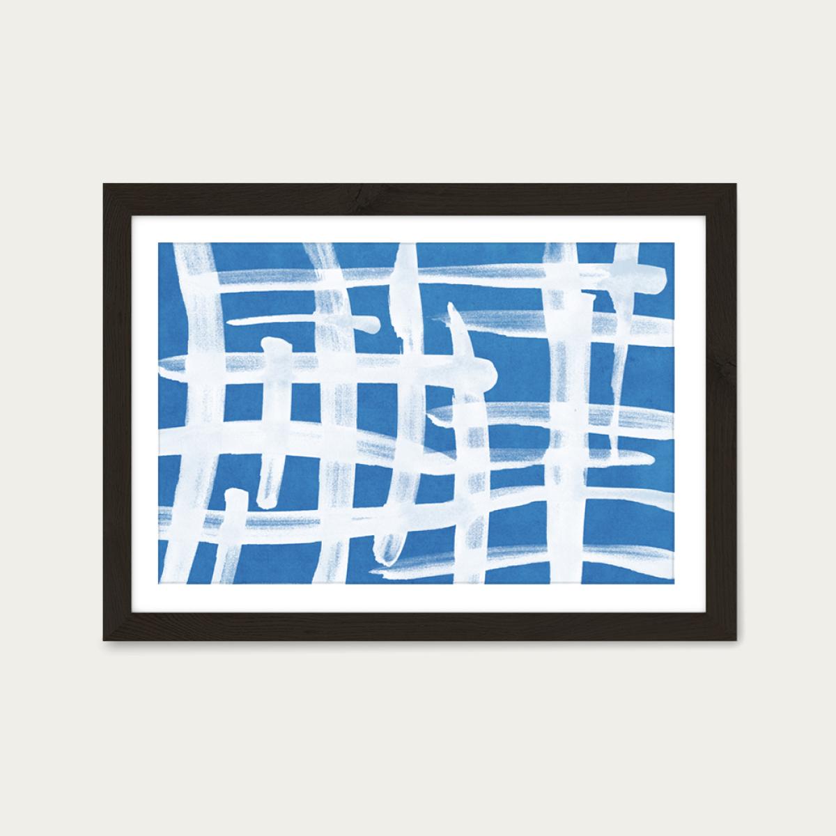 Abstract Lines Blue and White 02 Art Print Black Frame – image 1