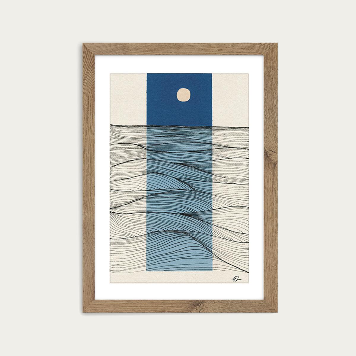 Abstract Ocean Lines Art Print Oak Frame