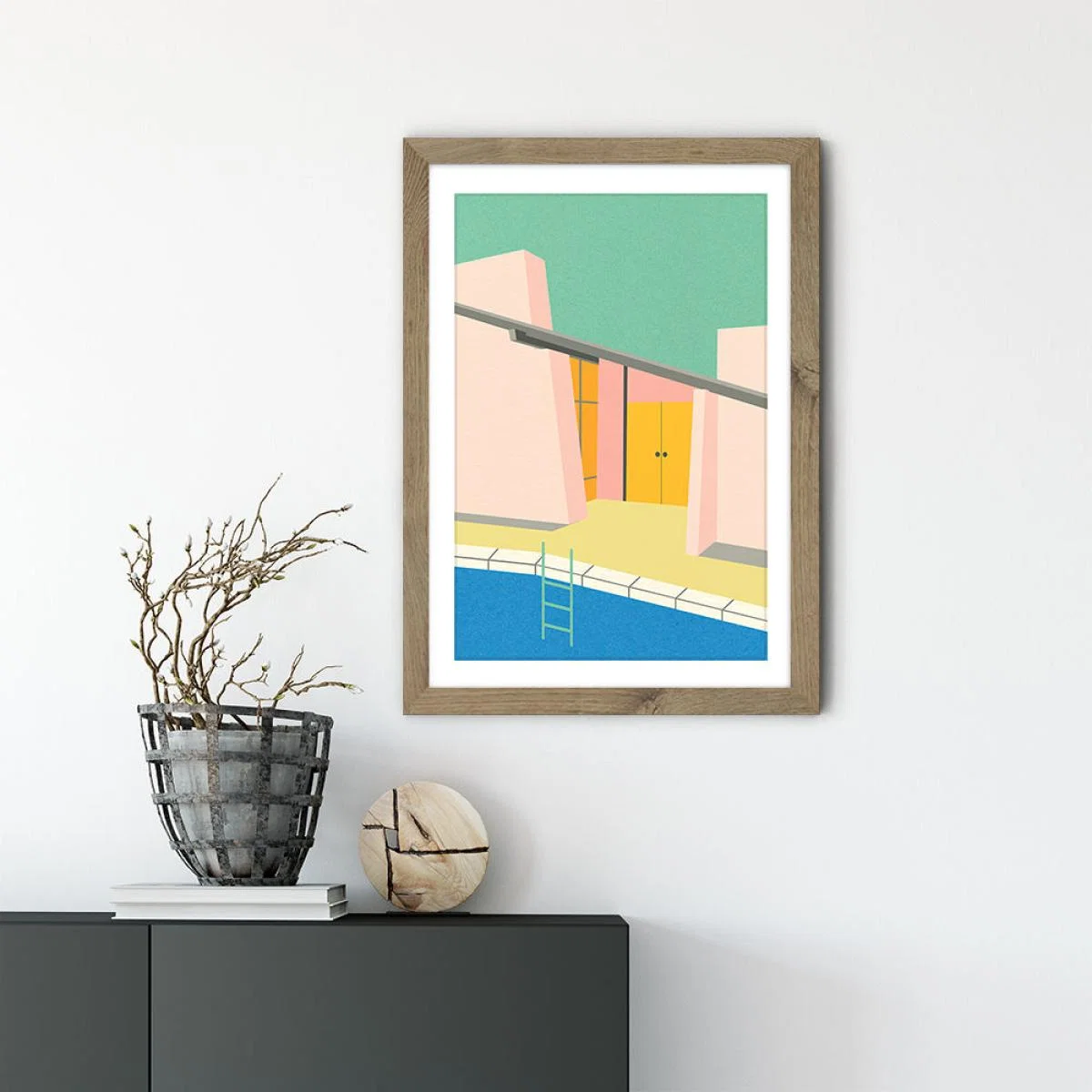 Mid Century Pool House Art Print Oak Frame – image 2