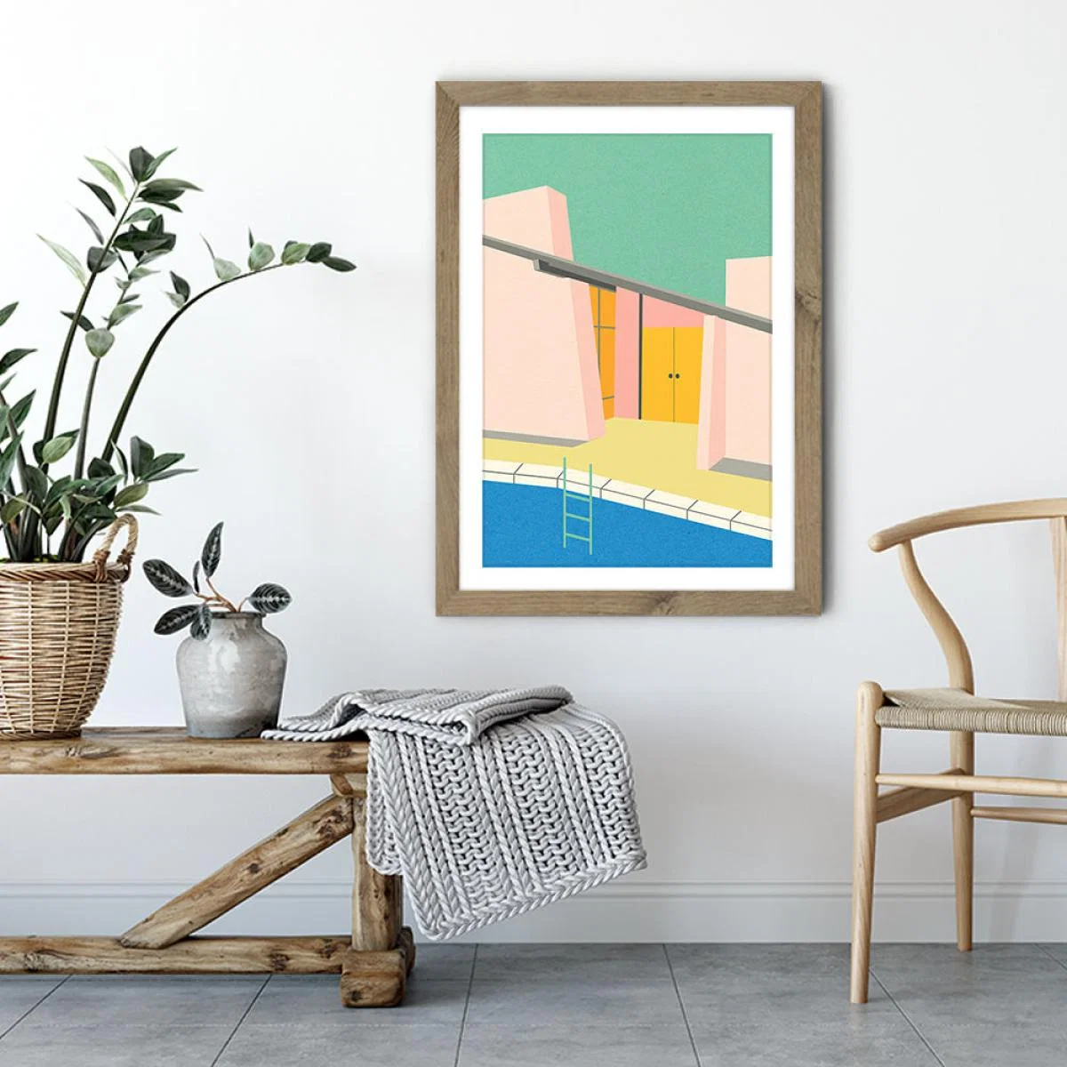 Mid Century Pool House Art Print Oak Frame – image 4