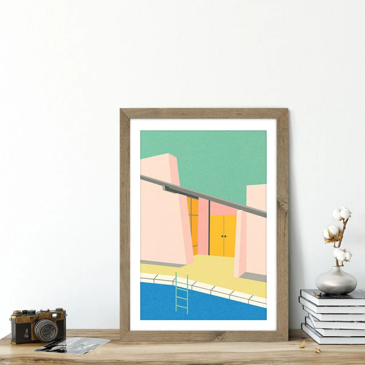Mid Century Pool House Art Print Oak Frame – image 5