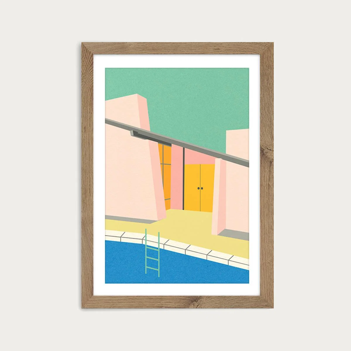 Mid Century Pool House Art Print Oak Frame – image 1