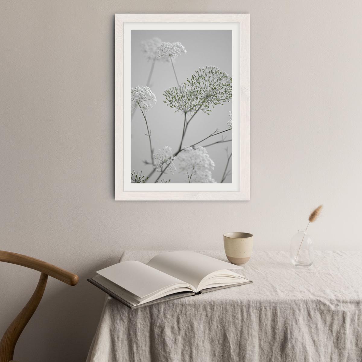 White Greige Flower Blossoms Art Print White Frame – image 3