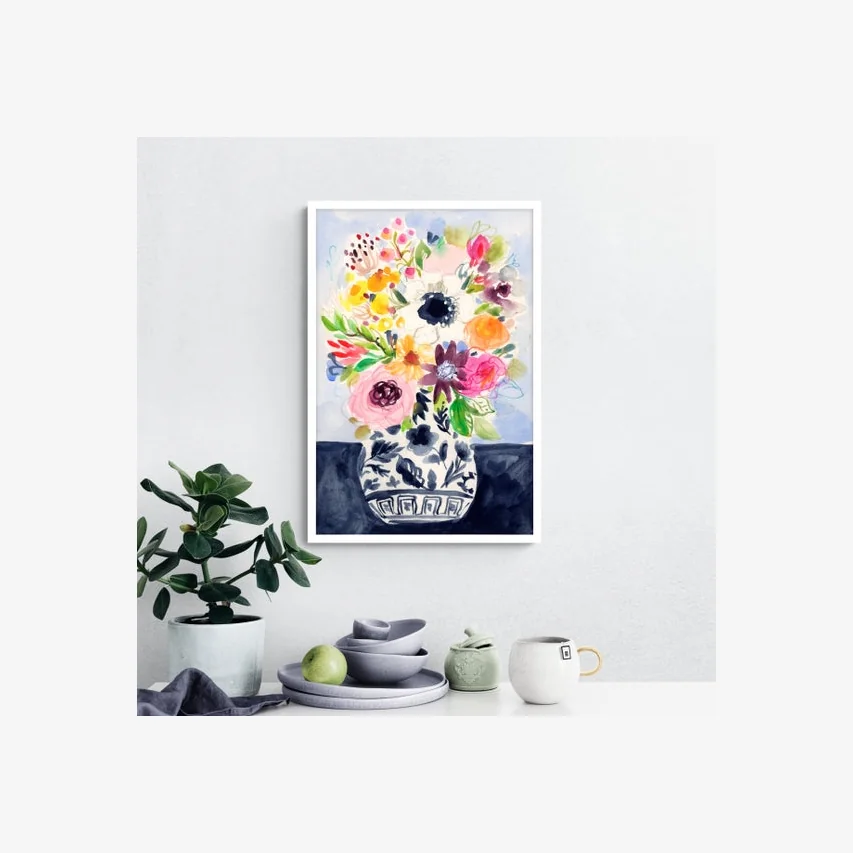 Summer Mix In Blue Vase Framed Print MultiColoured