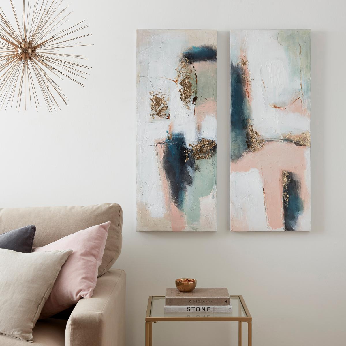 Set of 2 Abstract Blush Panelled Canvases 100x40cm Blush/Green – image 1
