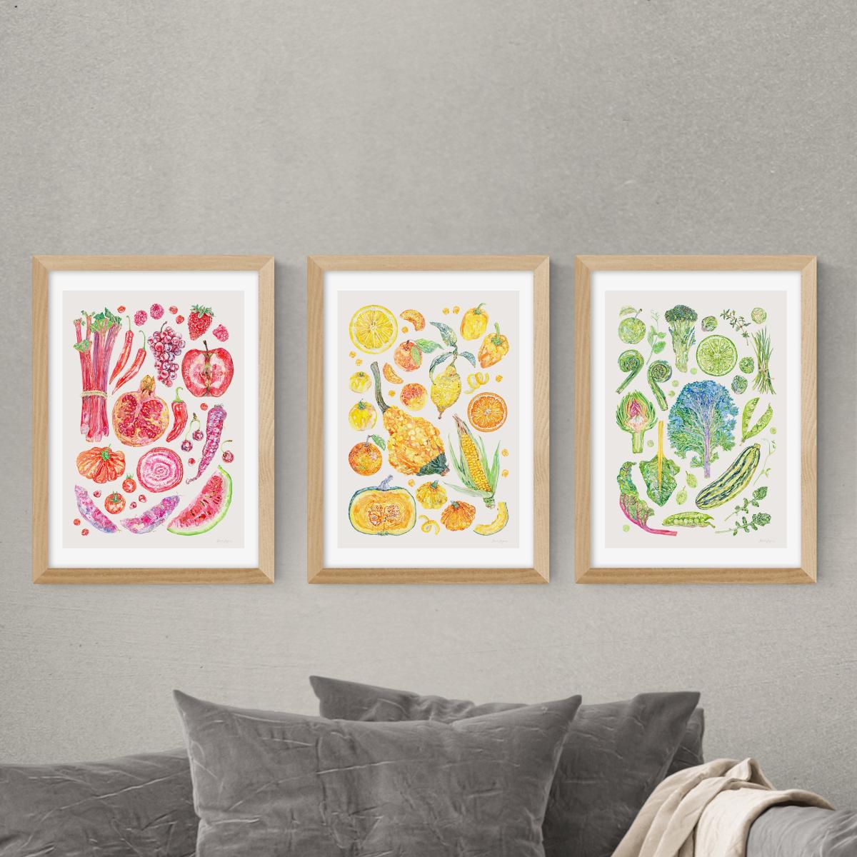 Set of 3 East End Prints Harvest Of Fruit & Vegetables Gallery Wall Framed Prints MultiColoured – image 1