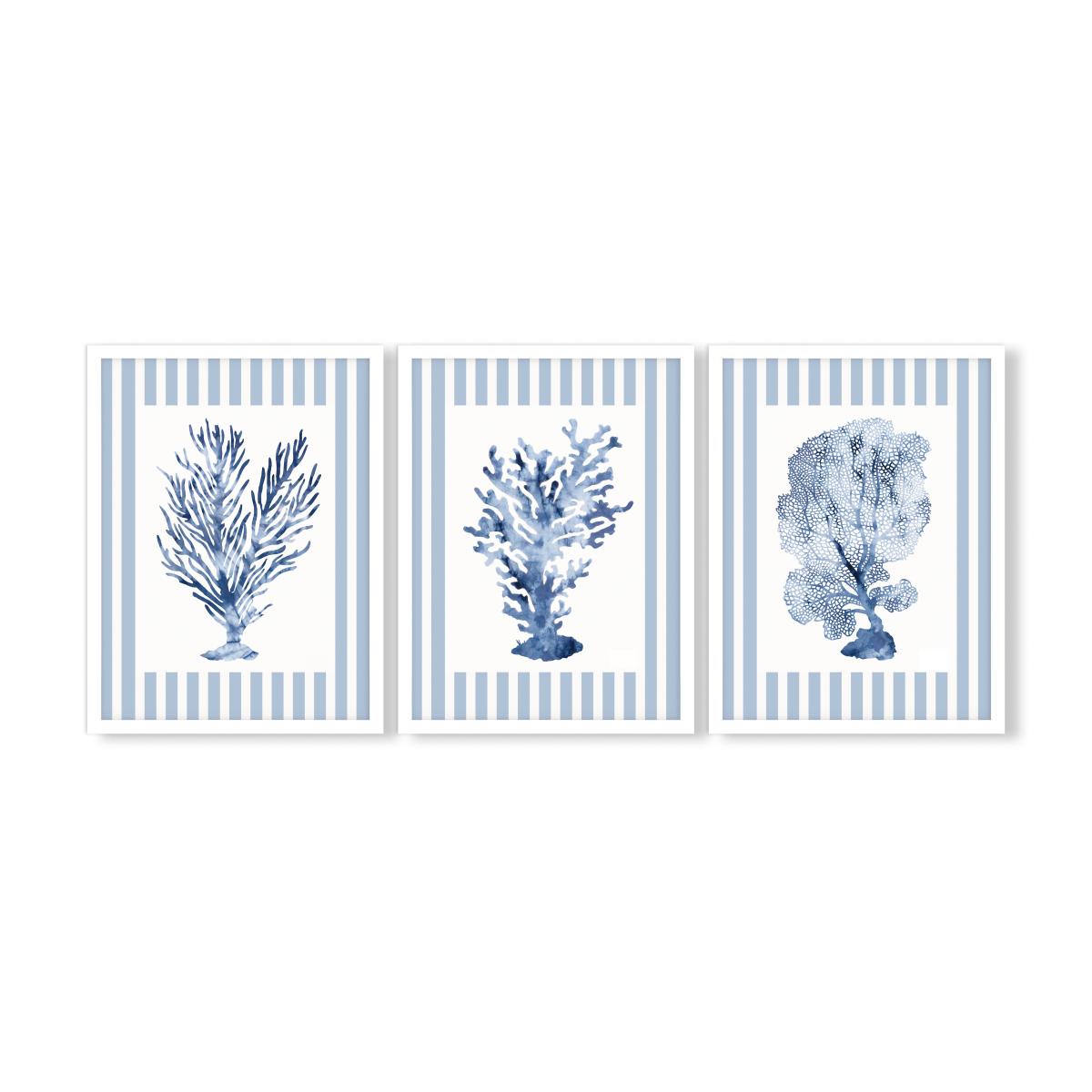 Set of 3 Shibori Coral Striped Framed Prints Blue – image 2