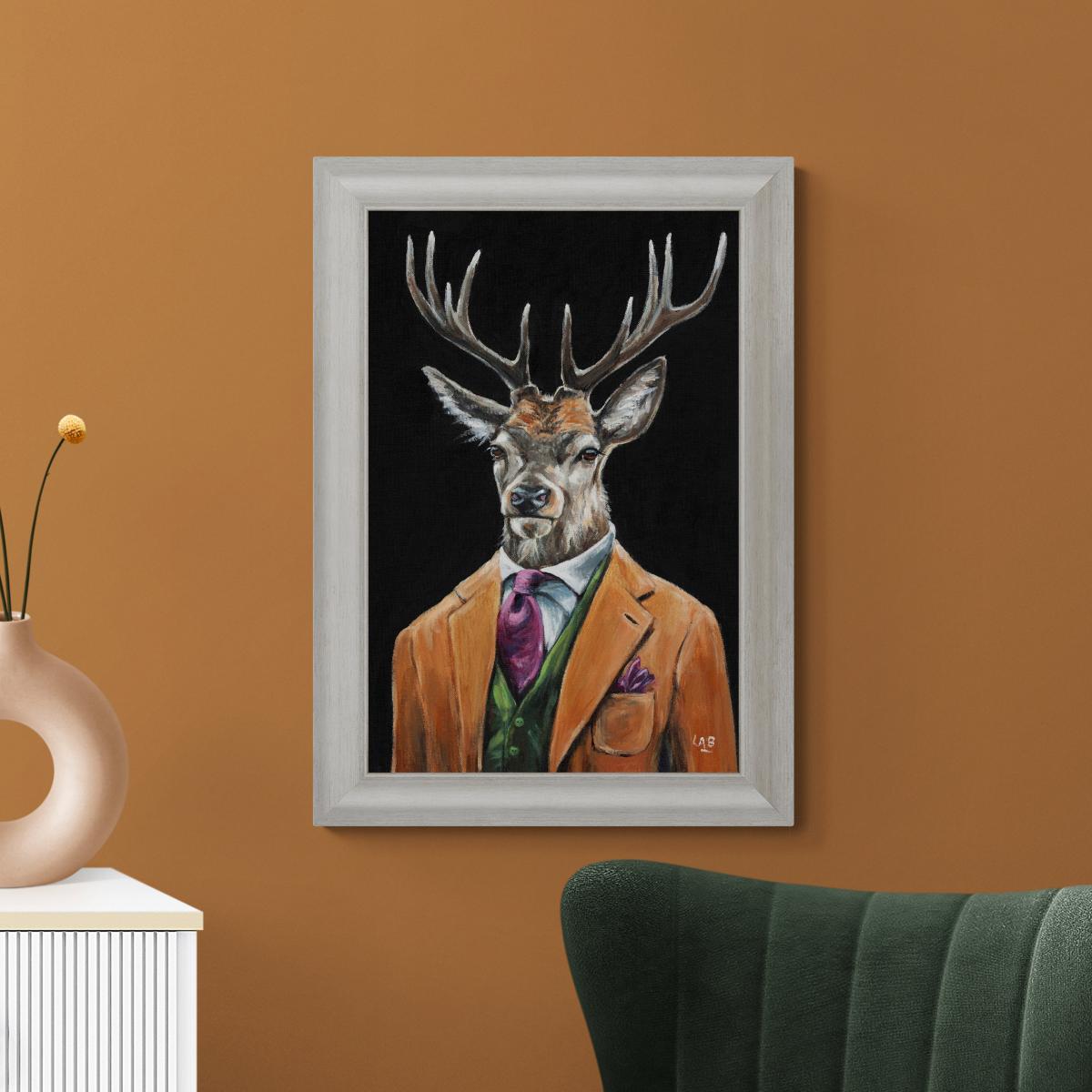 Gentleman Stag by Louise Brown Framed Print White/Brown – image 1