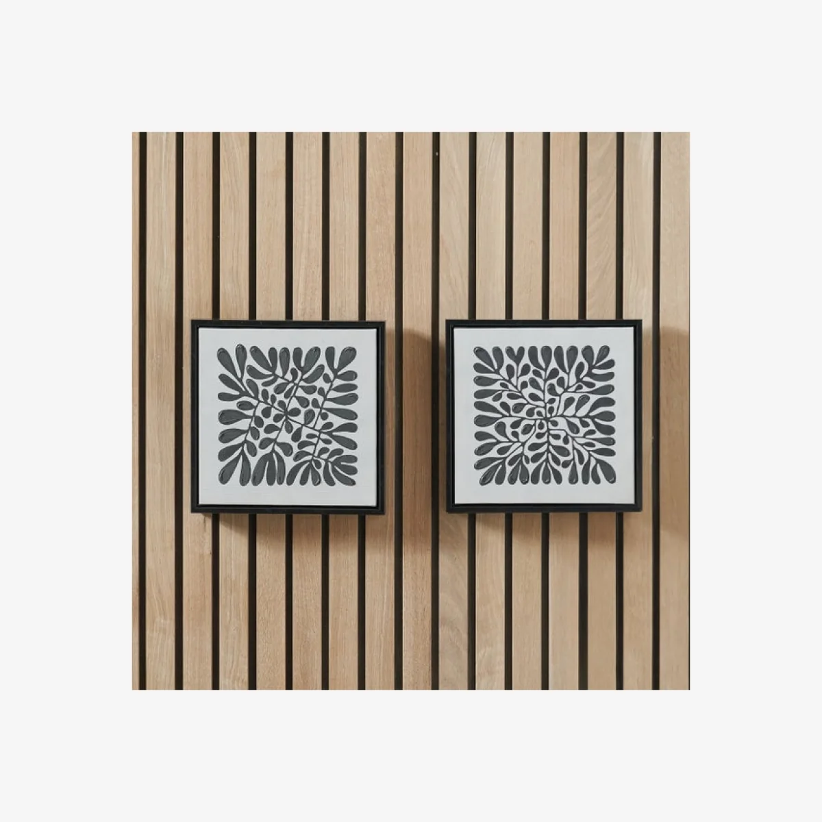 Set of 2 Black Leaf Print Square Framed Canvases White – image 1