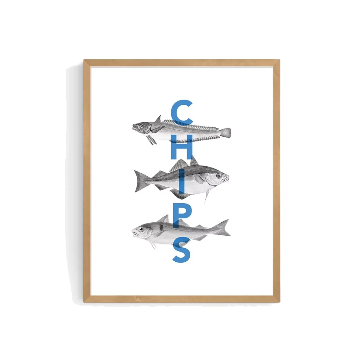 Rocket Jack - 'Fish and Chips' Wood Framed Print, 52 x 42cm, Blue