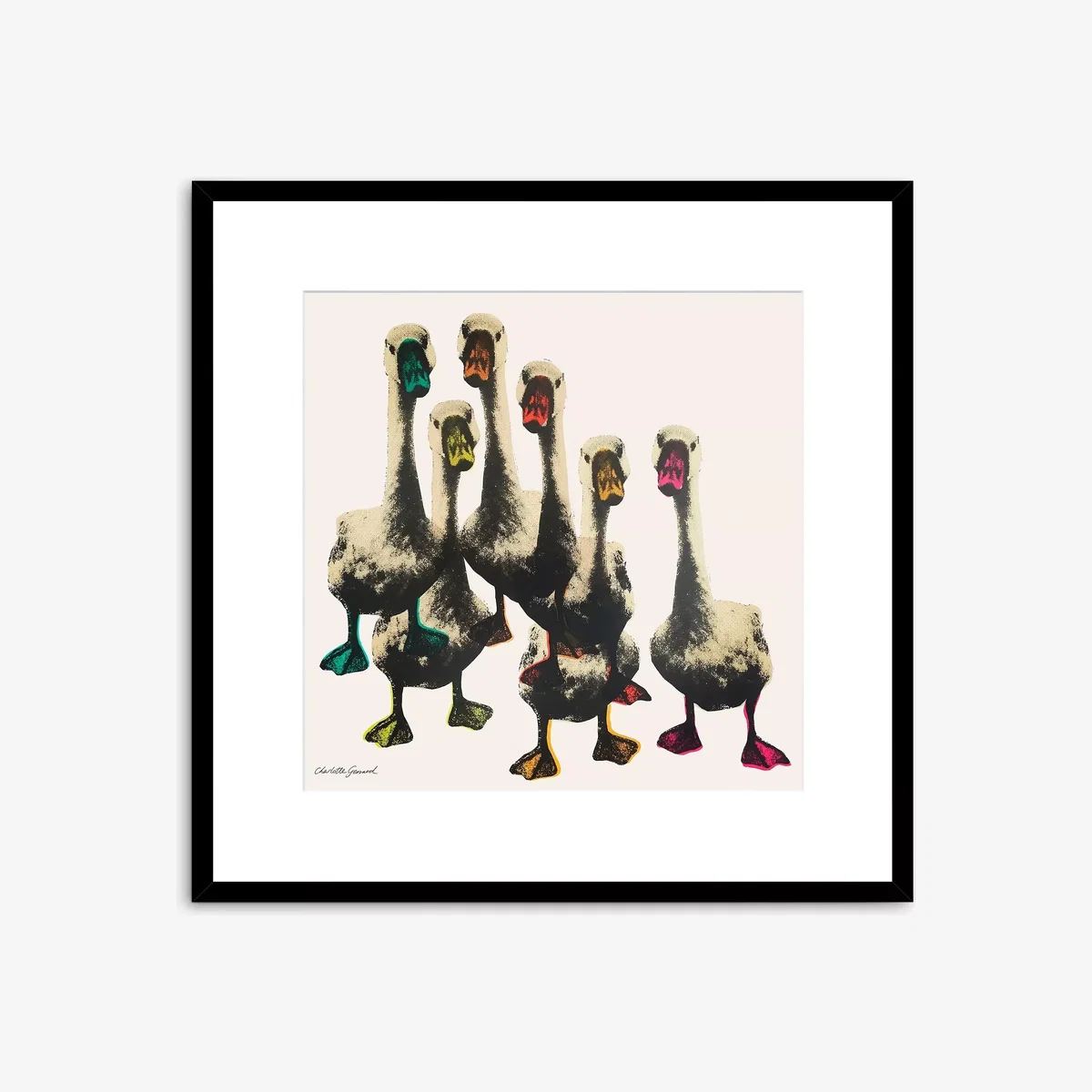 Charlotte Gerrard - 'Bus Stop Geese' Framed Print, 52 x 52cm, Multi
