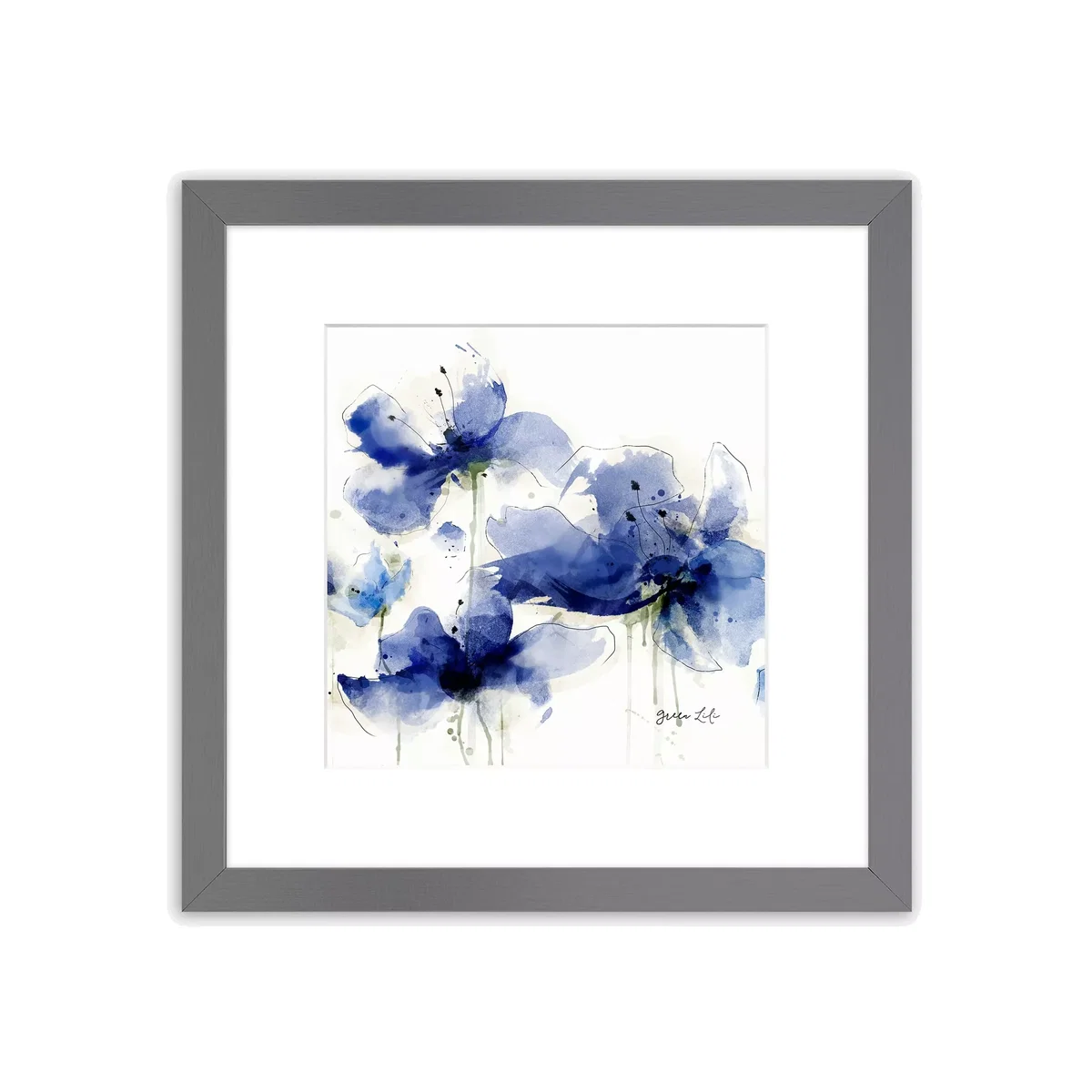 Green Lili - 'Indigo Blooms I' Framed Print & Mount, 33.5 x 33.5cm, Blue