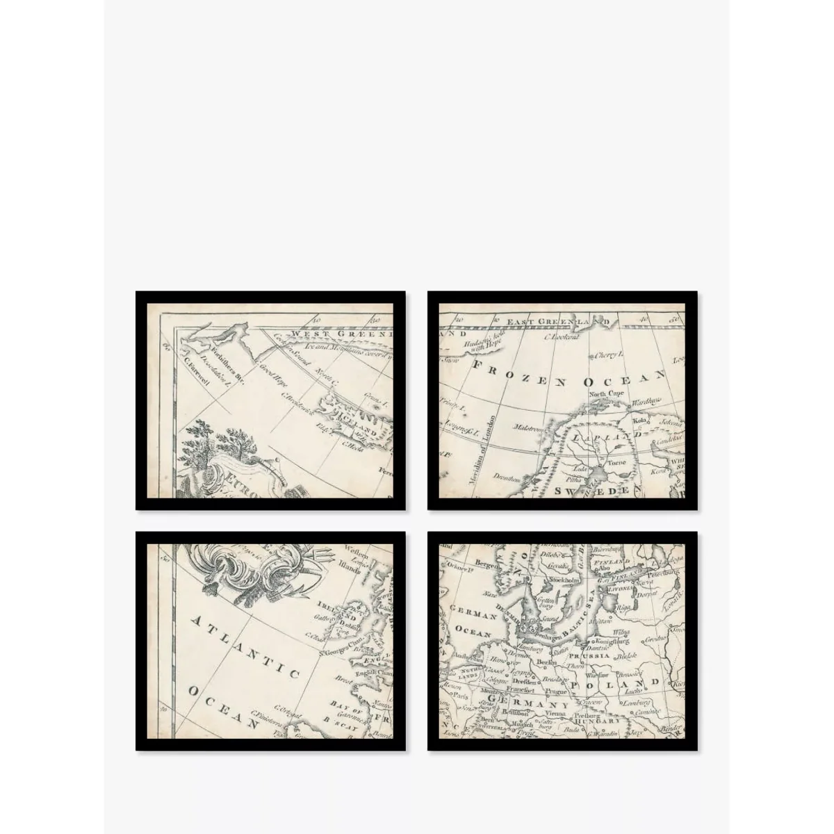 Map of Europe Vintage Framed Prints Set, 9 Piece, Brown/Multi – image 2