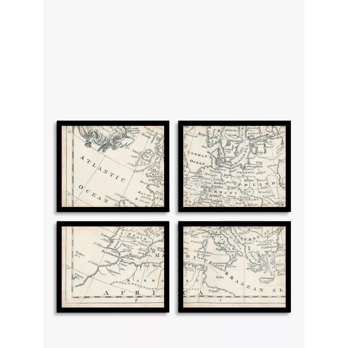 Map of Europe Vintage Framed Prints Set, 9 Piece, Brown/Multi – image 4
