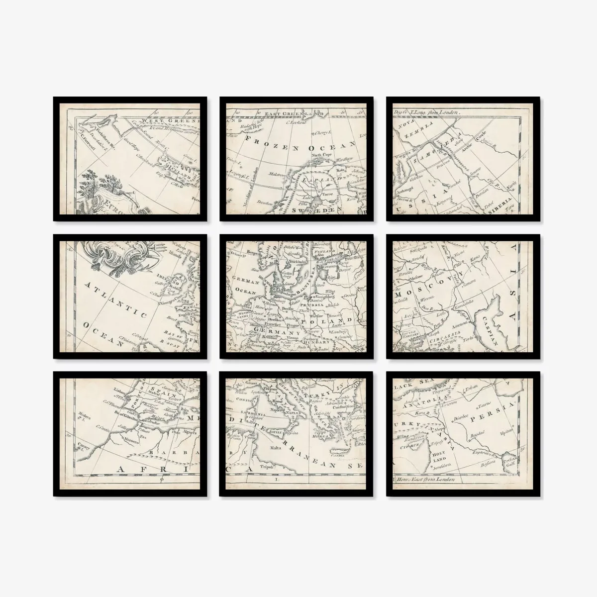 Map of Europe Vintage Framed Prints Set, 9 Piece, Brown/Multi – image 1