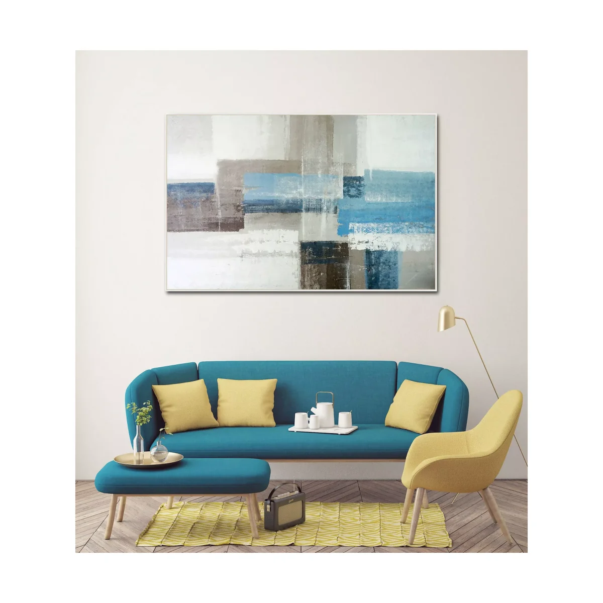 Chalk Blues - Hand-Painted Abstract Framed Canvas Print, 120 x 80cm, Blue/Multi – image 3
