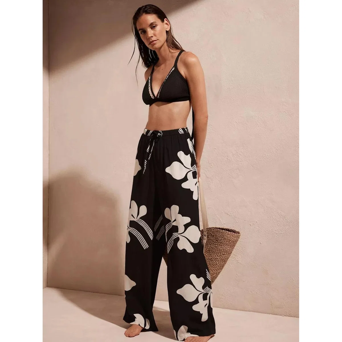 Mint Velvet High Waist Graphic Print Trousers, Black/White – image 2