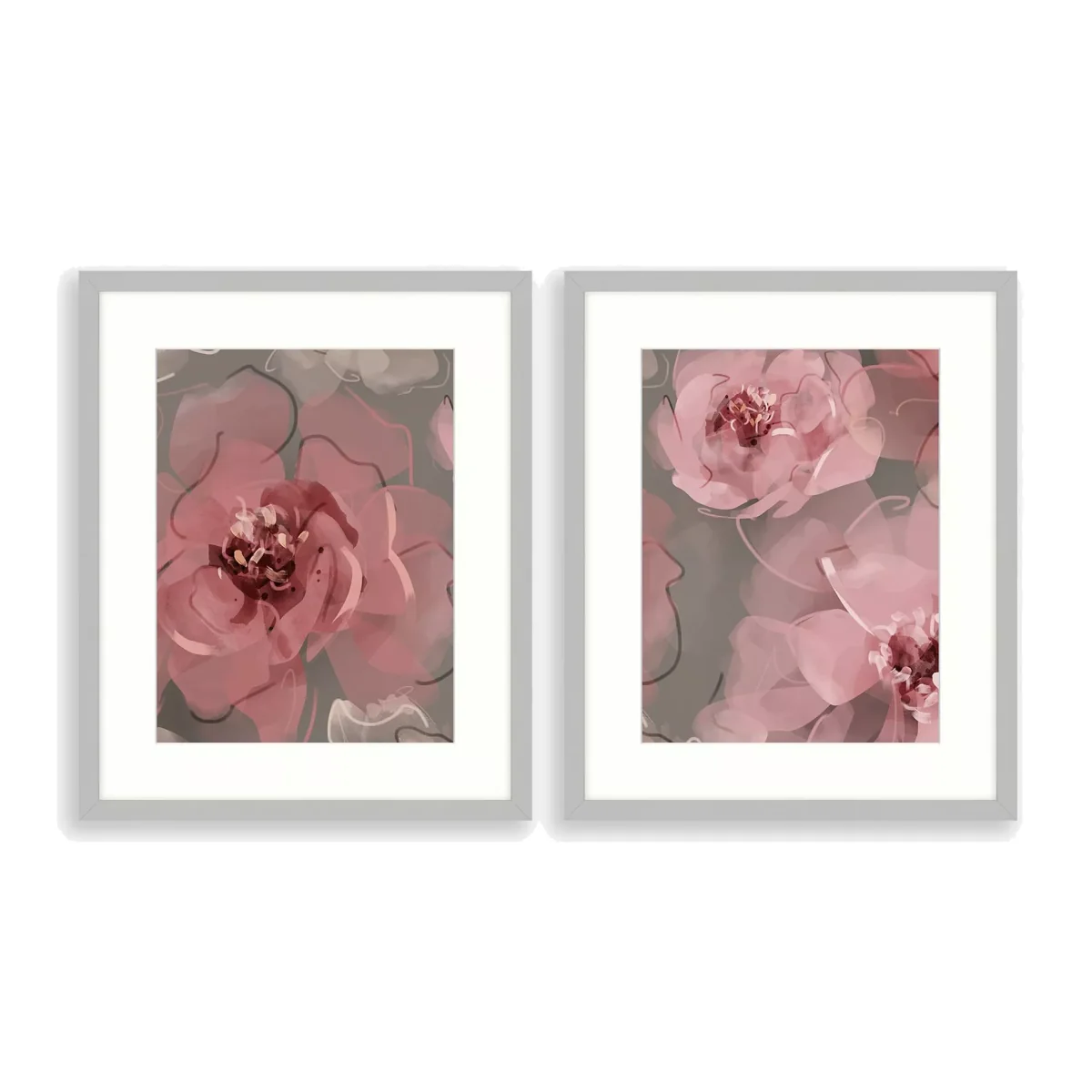 Green Lili - 'Pink Floral' Framed Print & Mount, Set of 2, 53.5 x 43.5cm, Pink