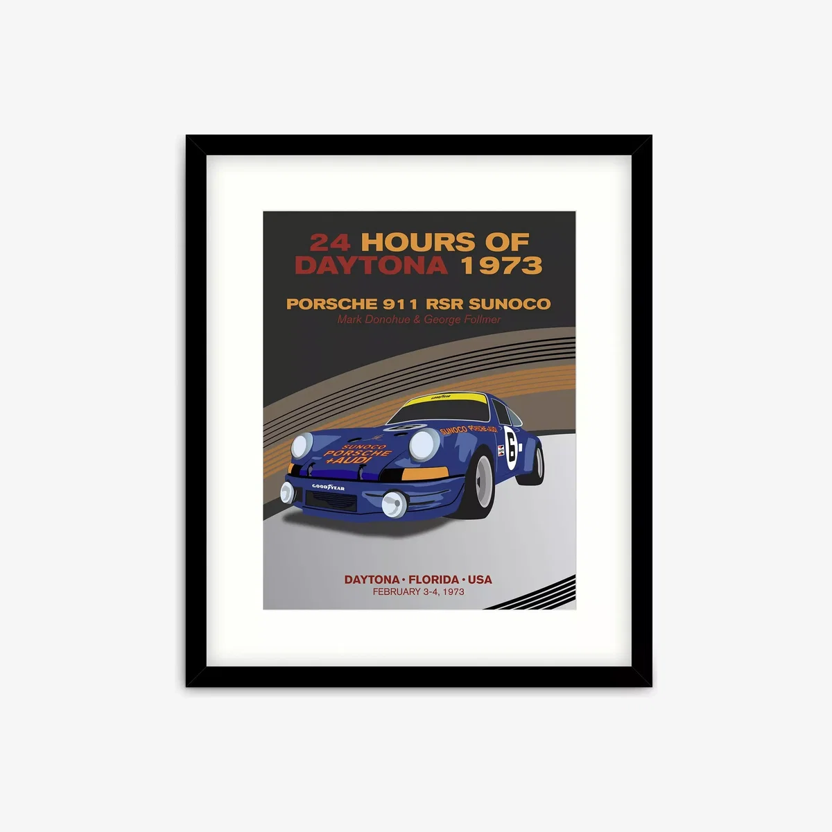 Zucarto Art Studios - 'Porsche at 1973 Daytona' Framed Print & Mount, 63.5 x 53.5cm, Blue/Black