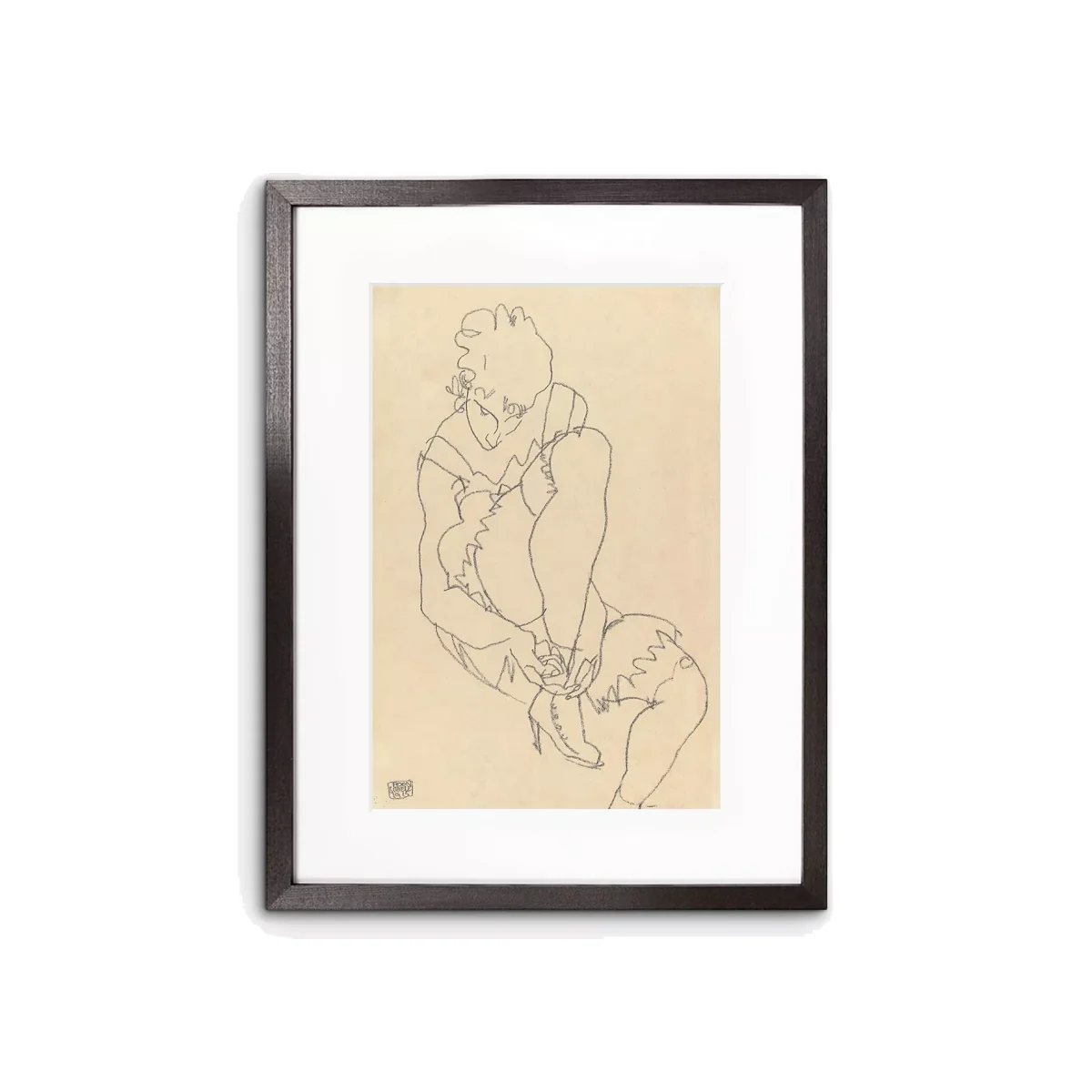 Egon Schiele - Woman Buttoning Her Shoes Framed Print & Mount, 60 x 45cm, Natural