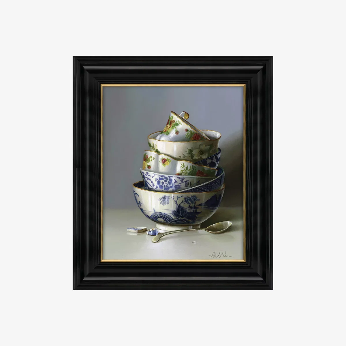 Stacked China - Framed Canvas, 25 x 20cm, Blue/White