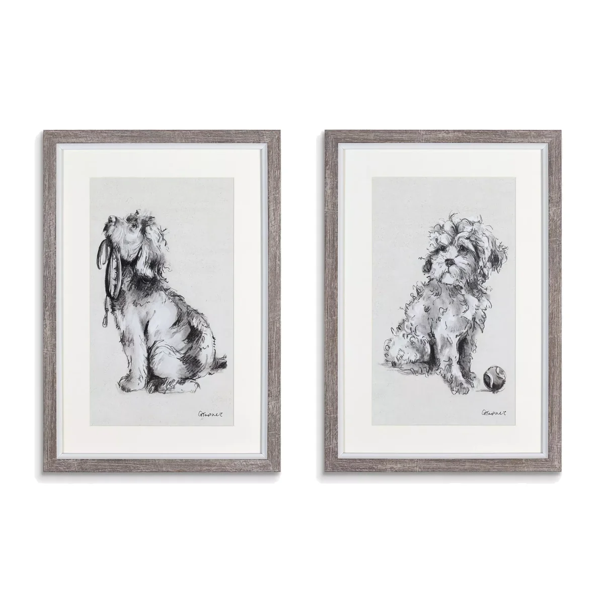 Gracie Tapner - Fetch Doggy Framed Print & Mount, Set of 2, 33 x 23cm, White/Black