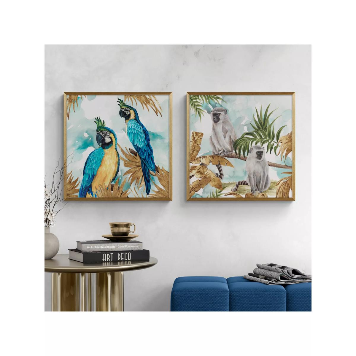 Eva Watts - 'Parrots & Monkeys' Framed Prints, Set of 2, 52 x 52cm, Blue/Multi – image 2