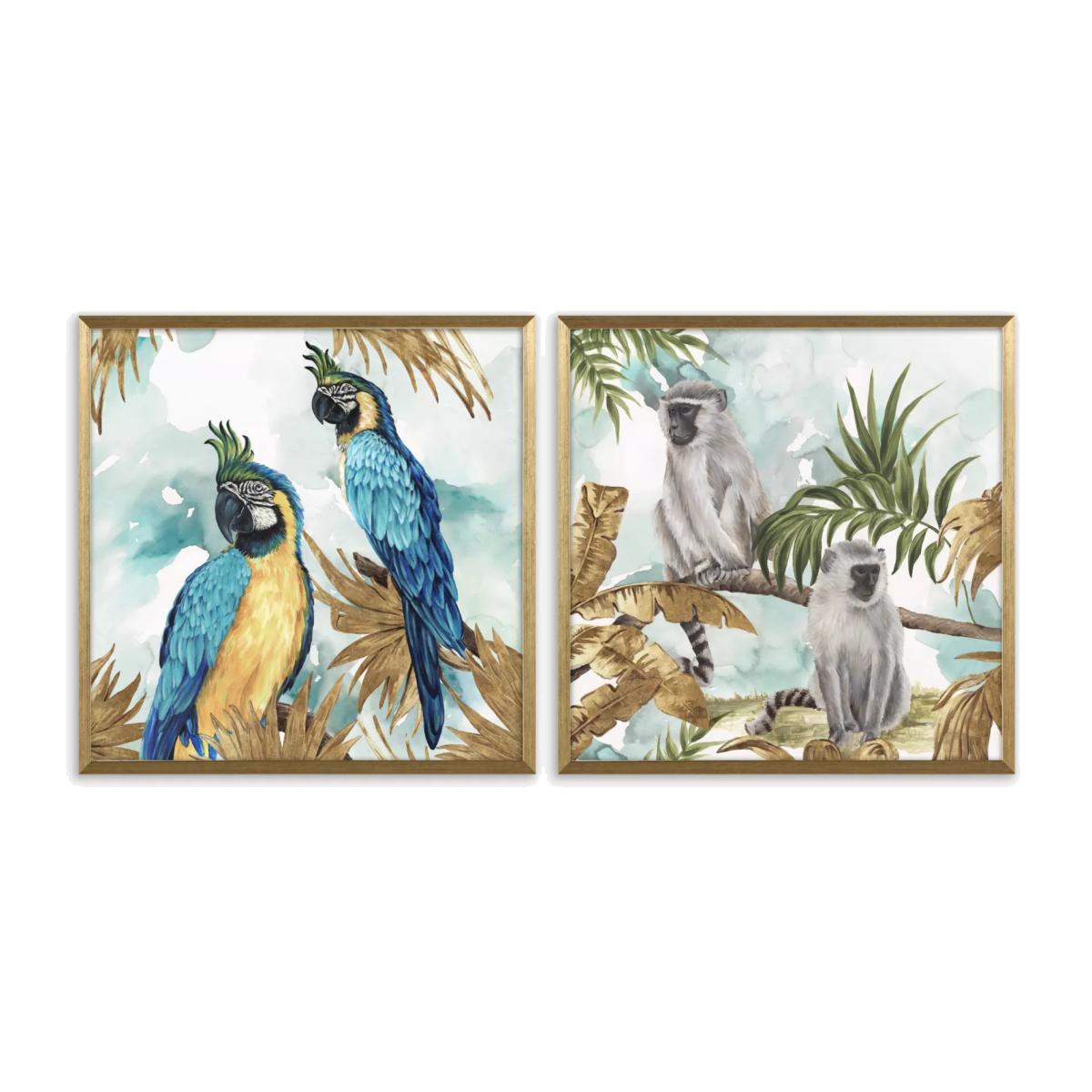 Eva Watts - 'Parrots & Monkeys' Framed Prints, Set of 2, 52 x 52cm, Blue/Multi – image 1