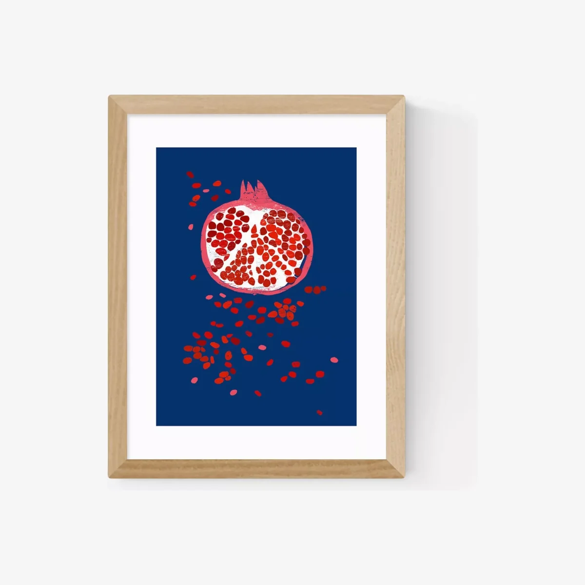 Anek - Indigo Pomegranate Wood Framed Print, 83.4 x 63.4cm, Blue/Red